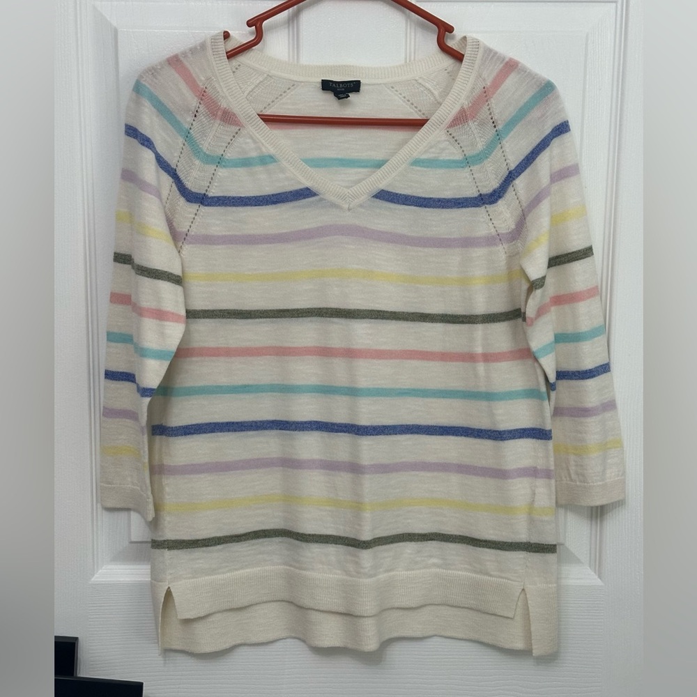 Talbots Petite  Womens Sweater 3/4 Sleeve Multicolor Striped  Size S 100% Cotton